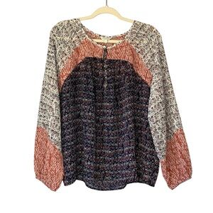 Lucky Brand Semi Sheer blue, rust, and white‎ floral blouse long sleeve. Size L